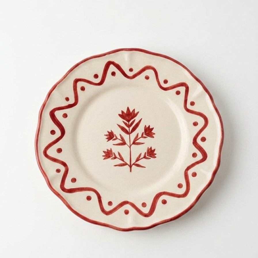 Scalloped Red Floral Snack Plate | Hand-crafted Ceramic - Casa Amarosa