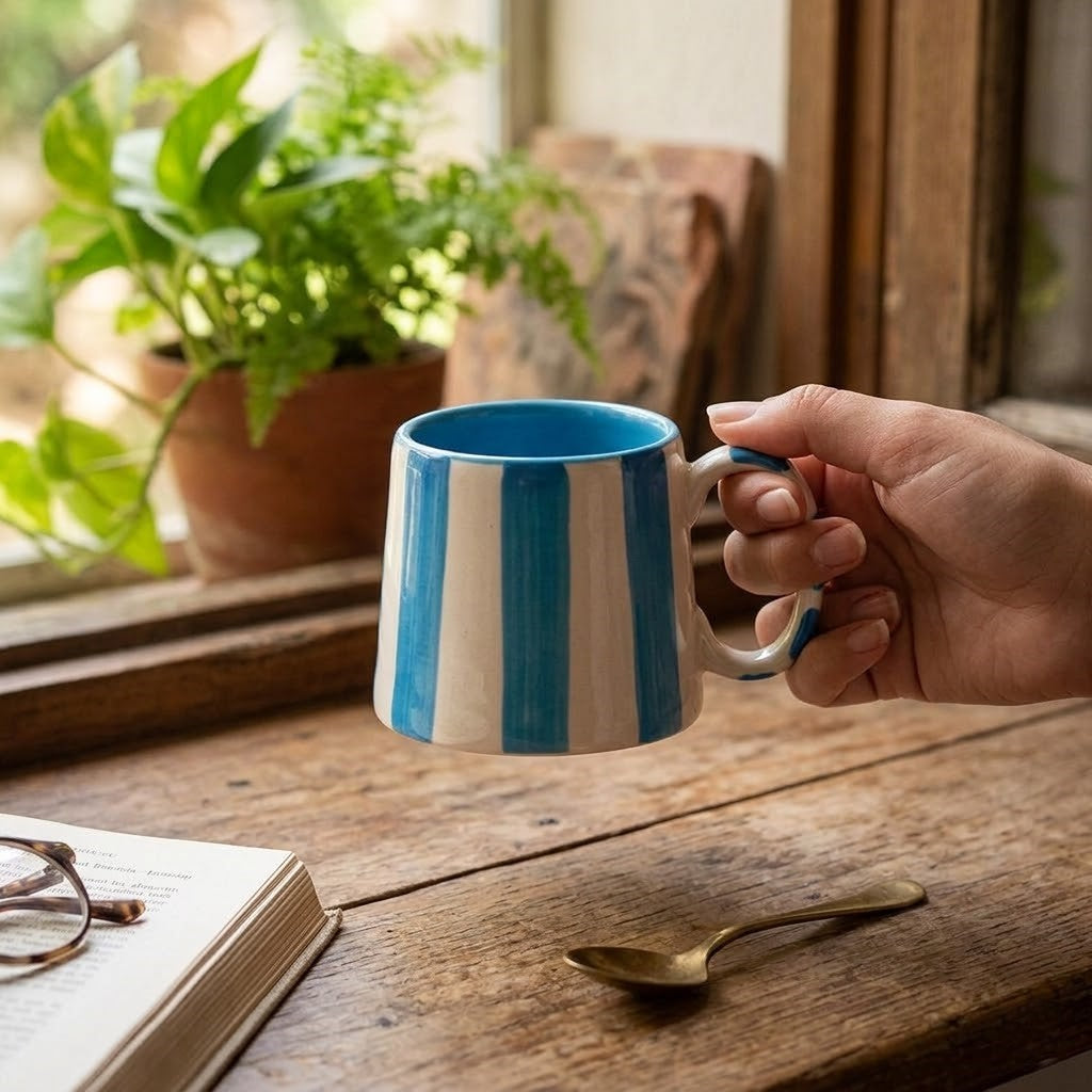 Ceramic Stripe  Coffee cup- Dark Blue  220ml (SET OF 4)