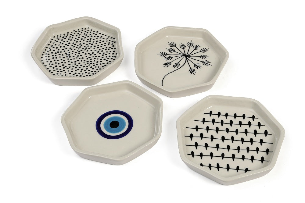 Hexagon Black Raindrops Ceramic Serving Dish_Small ( Set of 4)