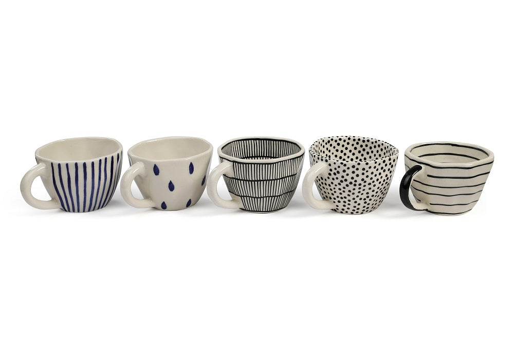 Raindrop Ceramic Coffee Cup,  Ivory & Blue (Set of 4)