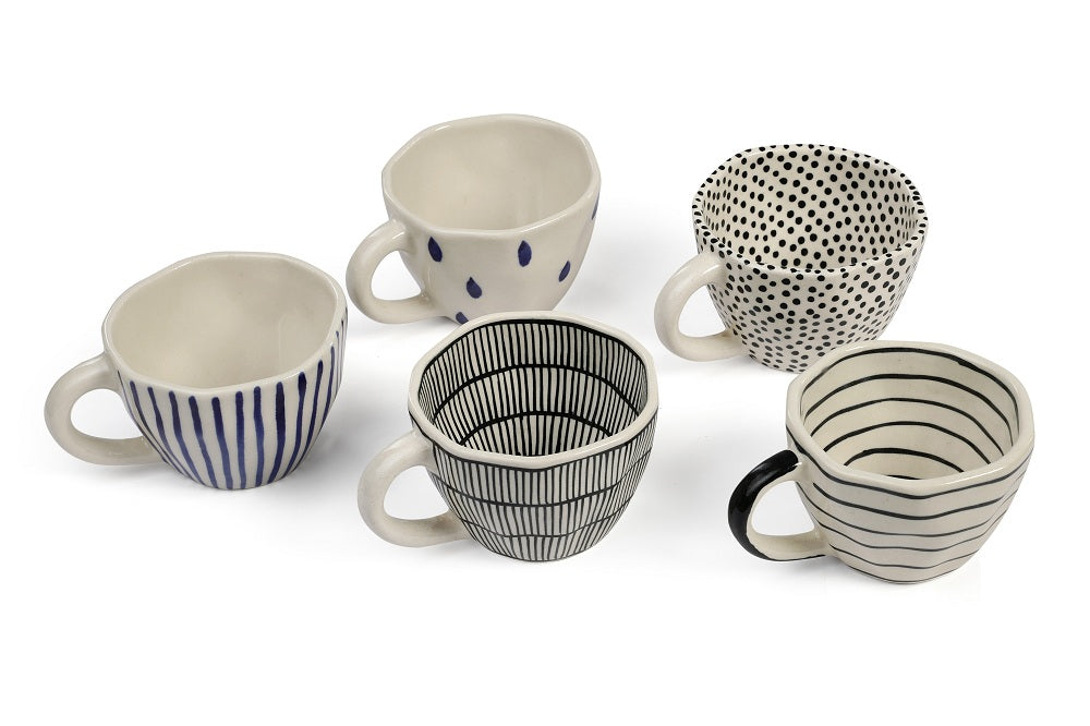 Raindrop Ceramic Coffee Cup,  Ivory & Blue (Set of 4)