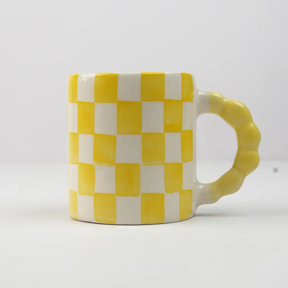Yellow Checkered Ceramic Mug , 3x3x3.5 Inches (Set of 2)