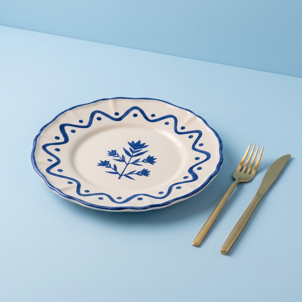 Scalloped Blue Floral Snack Plate  | Hand-crafted Ceramic | Set Of 2