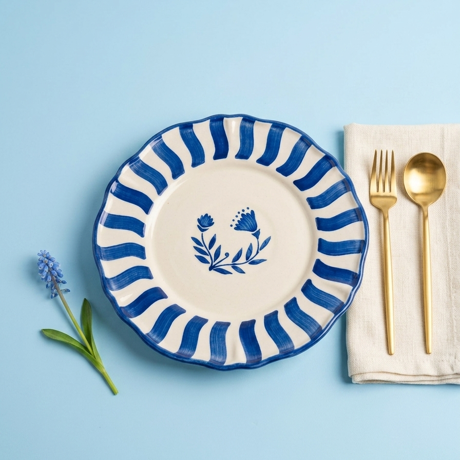 Stripe Blue Floral Dinner Plate | Handcrafted Ceramic | 10.5 | Set Of 2