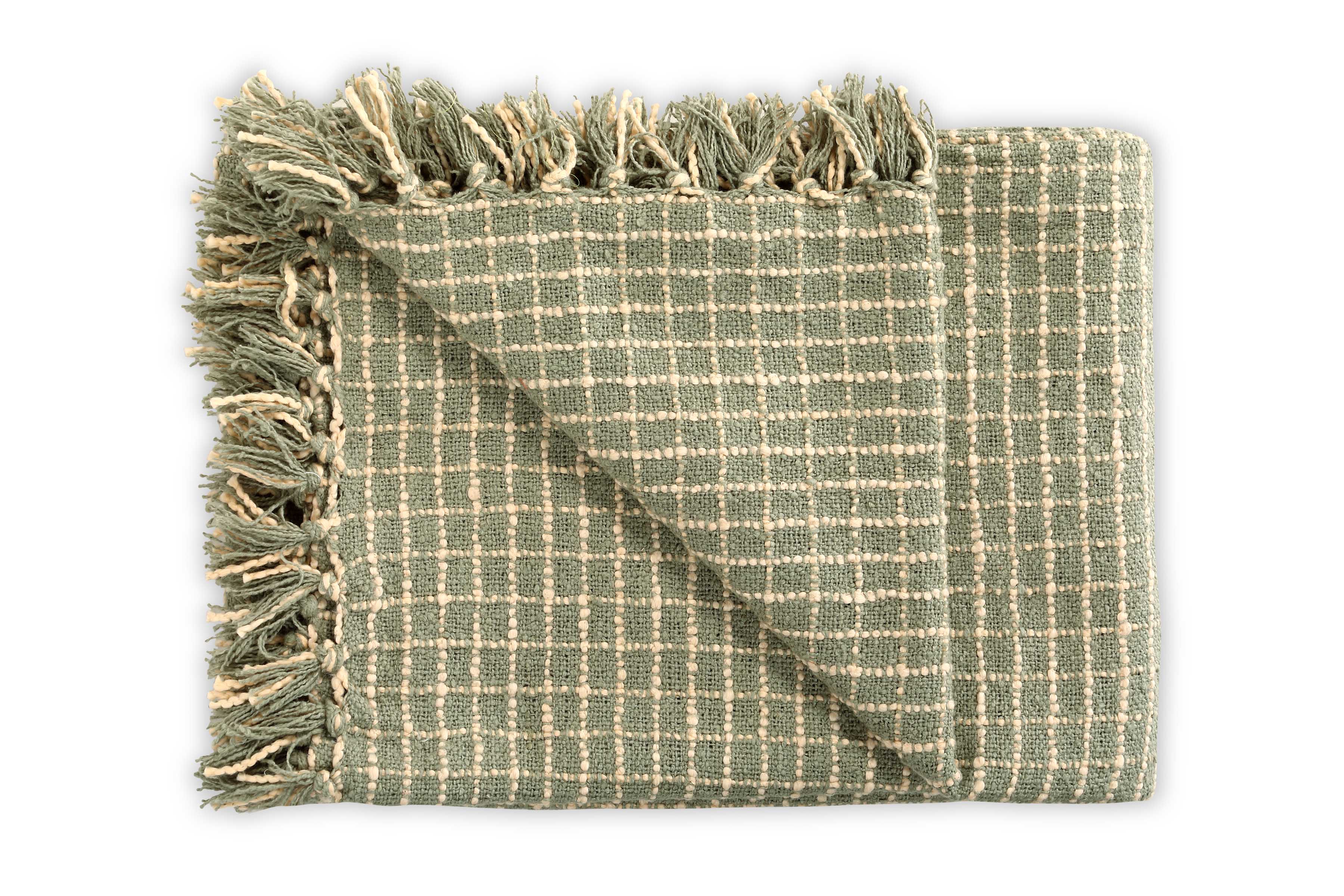 Cotton Boucle Small Checkered Throw Blanket Sage Ivory