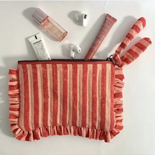 Handmade Quilted Pouch, Pink & Red Stripes - 8 x 5  Inches
