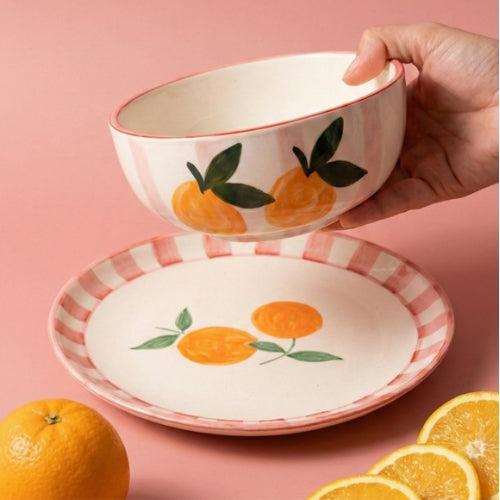 Orange Striped Ceramic Snack Plate , 7x7 Inches (Set of 2)