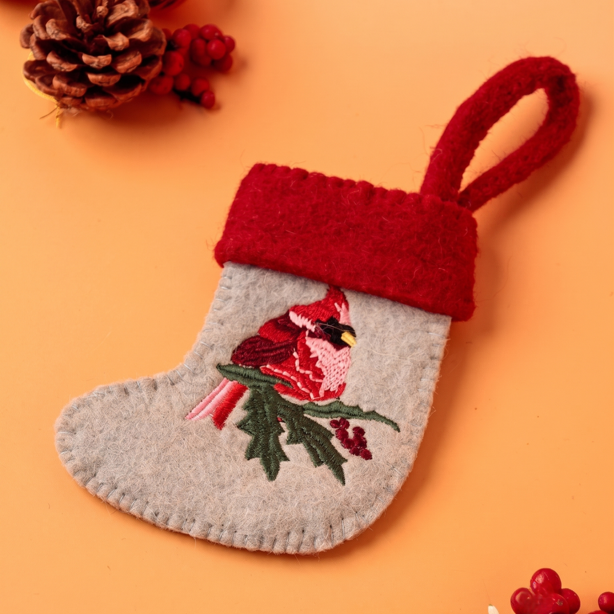 Red Robin Felt Stocking | Embroidered Felt | 20cm | Set Of 2