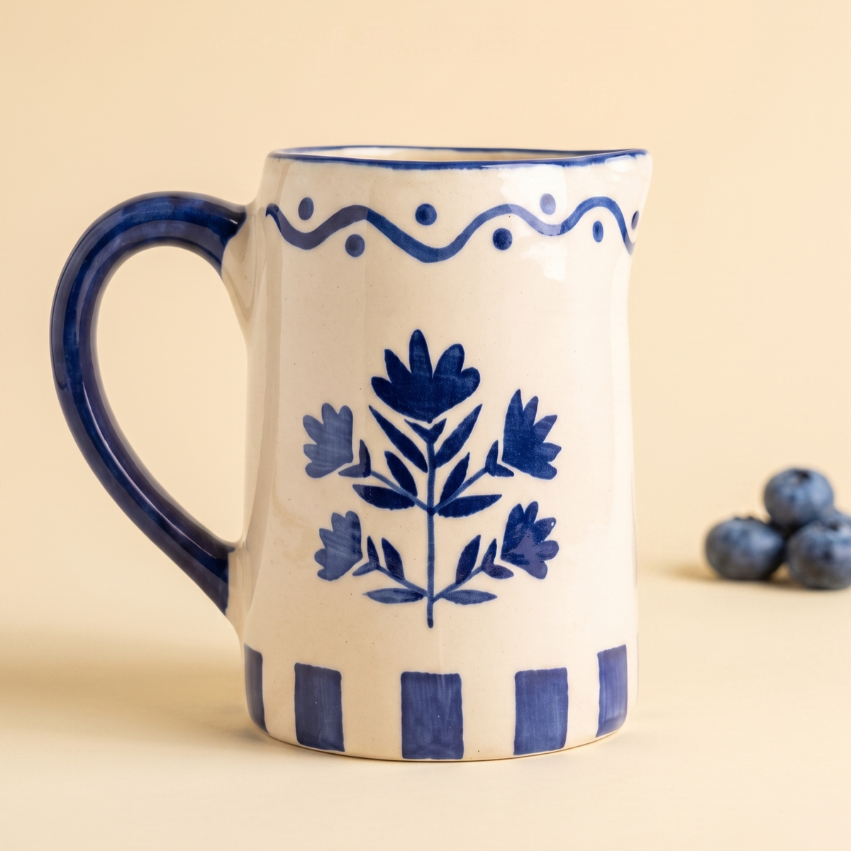Blue Floral Striped Pitcher | Hand-painted Ceramic | 6 Inch