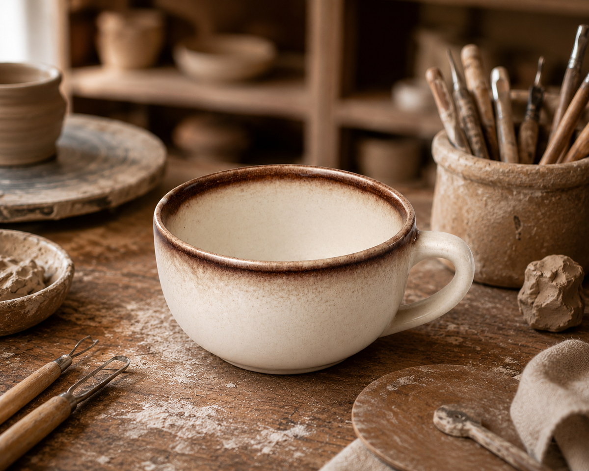 Rustic Stoneware Soup Cup | Cream & Brown Glaze  | Set Of 2