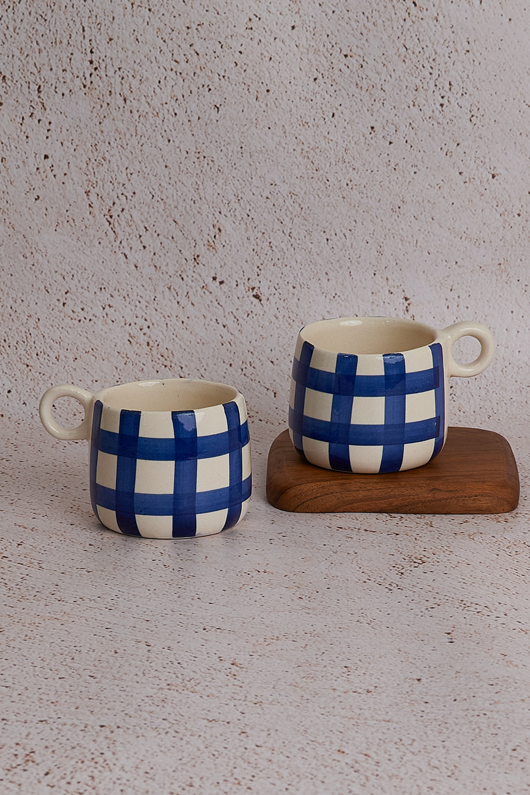 Ghingham Checkered  Coffee Mug, Blue - 3 X 3 Inches (SET OF 6)