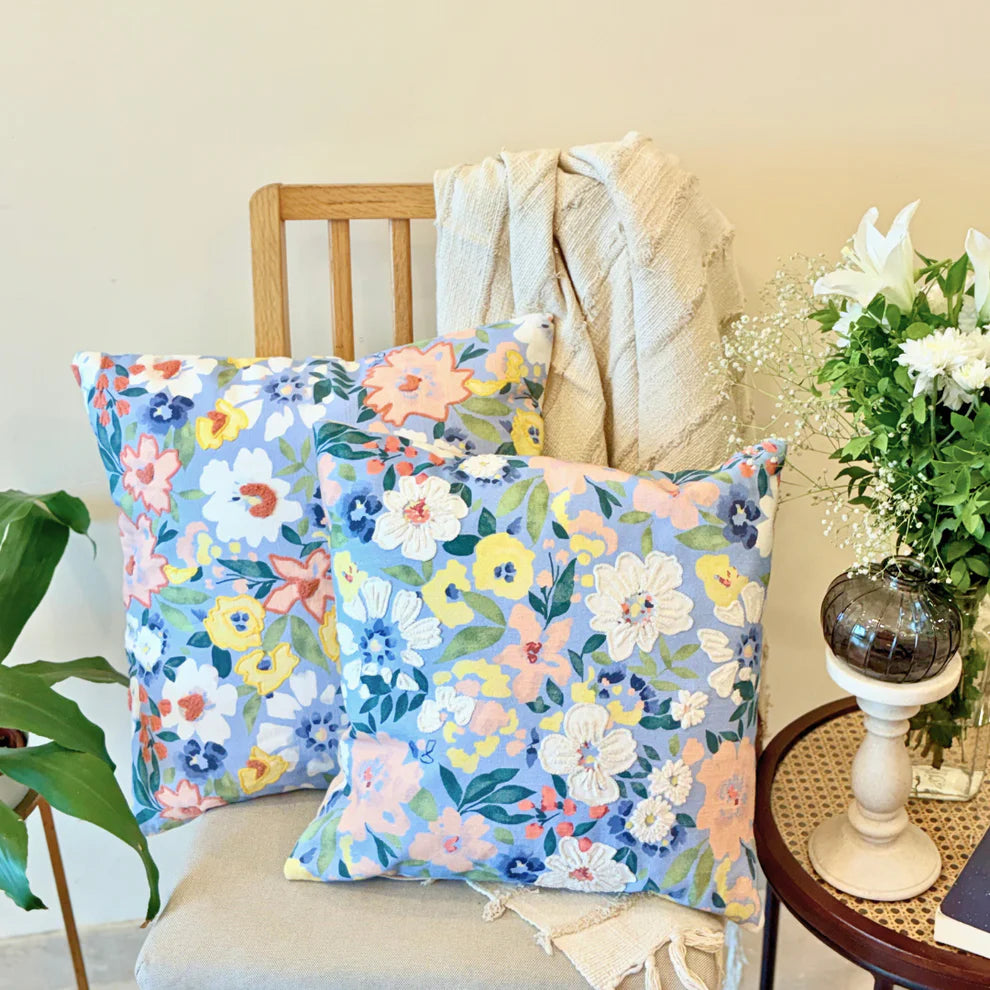 Cannes Blue Floral Cushion Cover - 18 x 18 Inches
