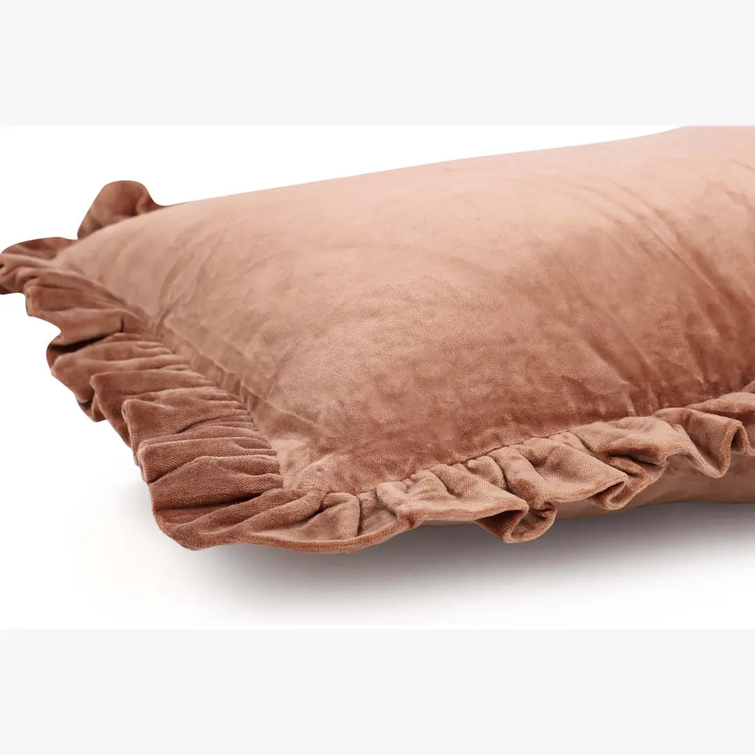 Solid Velvet Frilled Cushion, Mocha Brown 14x20 Inch