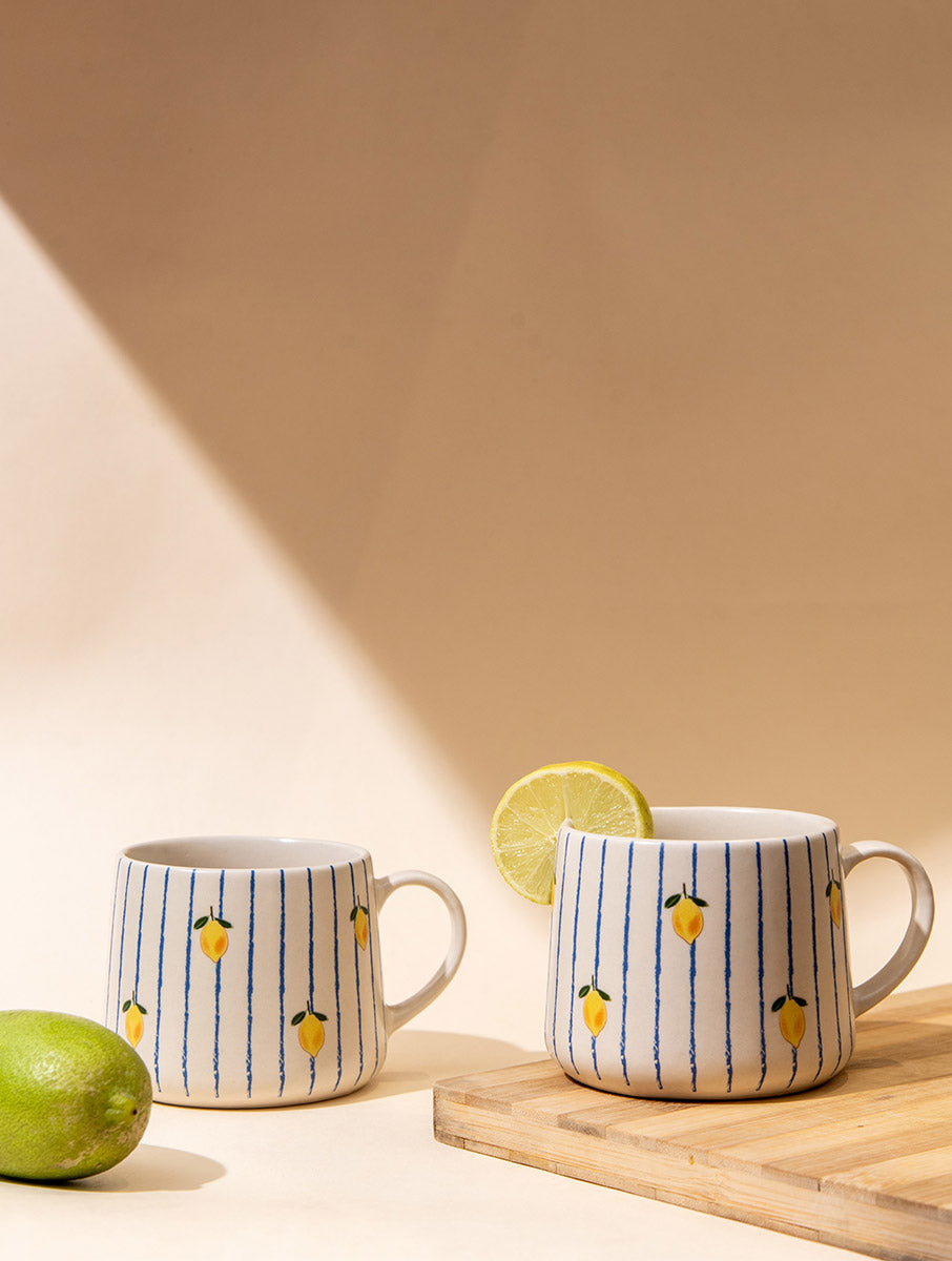 Lemon Striped Ceramic Mug - 3.5 x 3 Inches , Set of 4