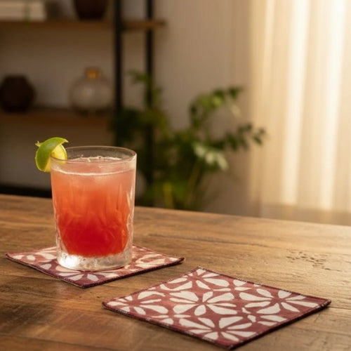 Hand Block Printed Rosy Sips Cocktail Napkin 5x5 Inches (Set of 4)