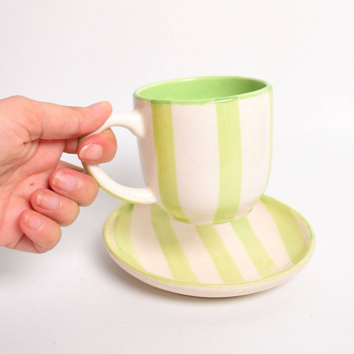 Green Stripe Cup & Coaster Set of 2 | Ceramic | 3 Inch