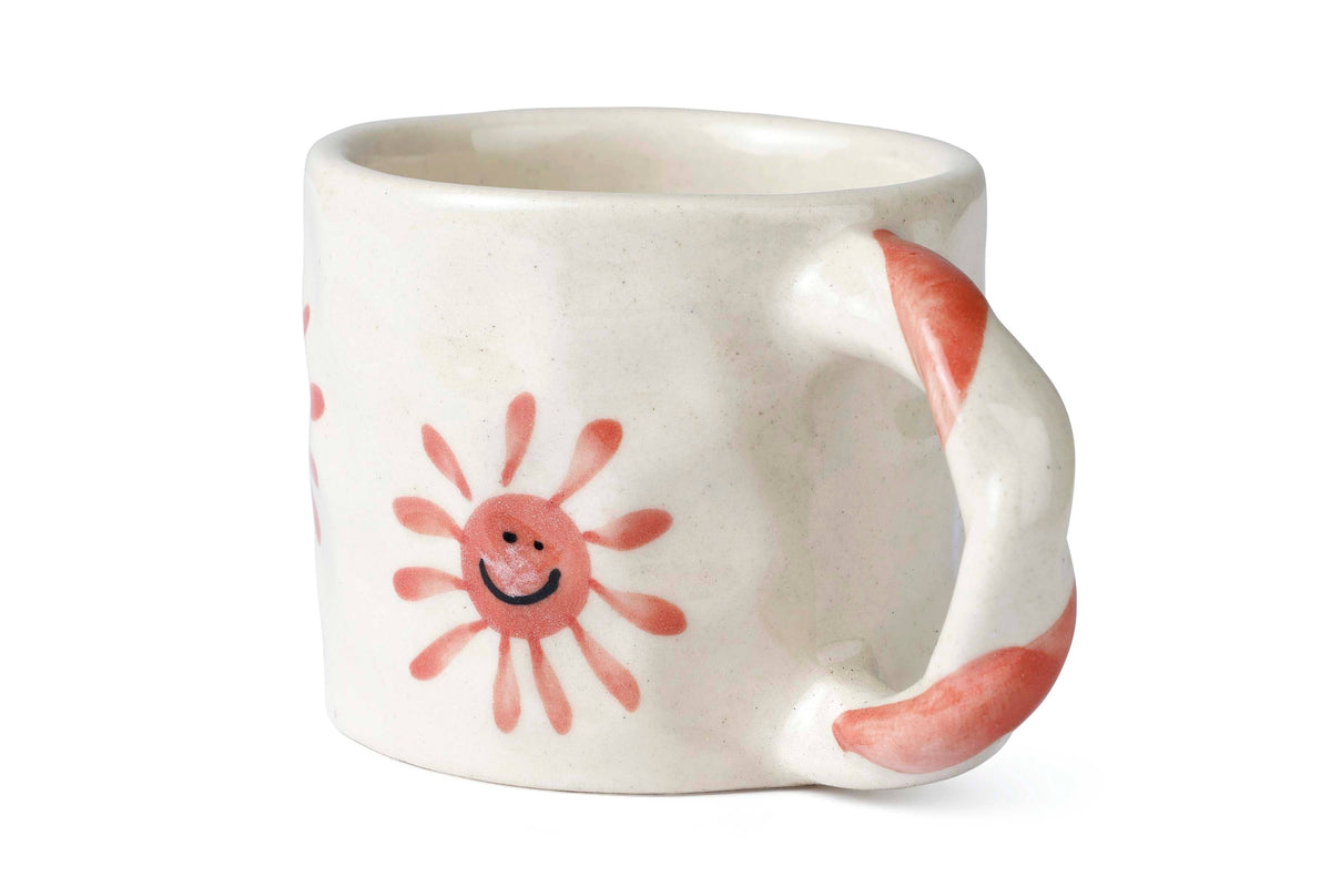 Pink Sun Ceramic Mug | Hand-Painted Smiley | 2.5 in  | Set Of 2
