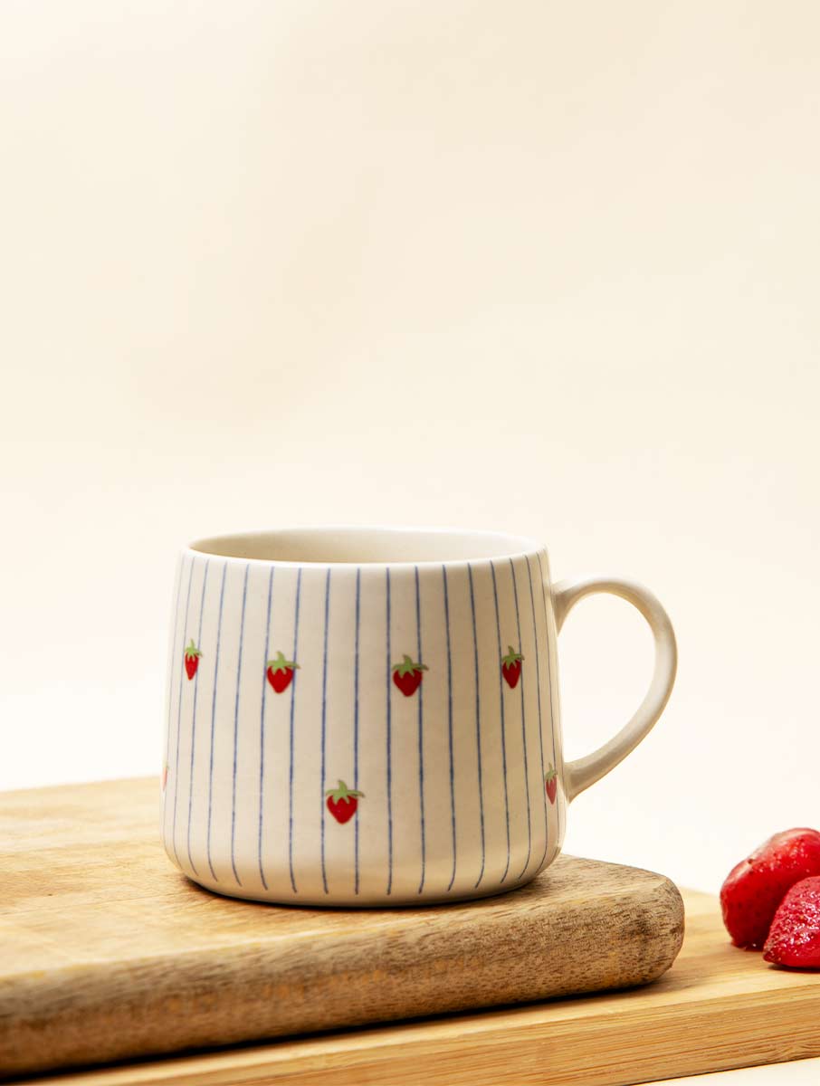 Strawberry Striped Ceramic Mug - 3.5 x 3 Inches, Set of 4