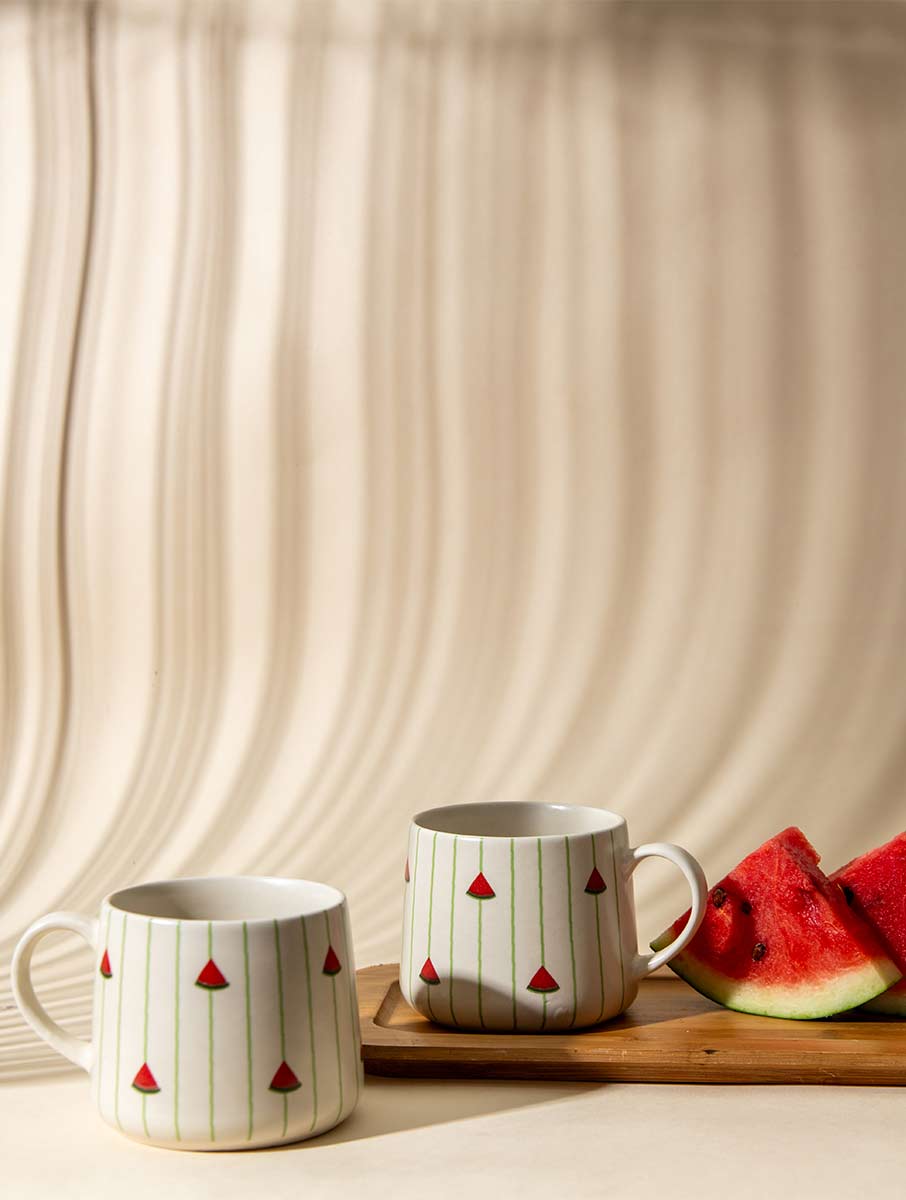 Watermelon Striped Ceramic Mug - 3.5 x 3 Inches , Set of 4