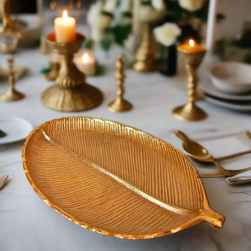 Gilded Leaf Serving Tray and Platter - 12 x 7.5 x 1.2 Inches