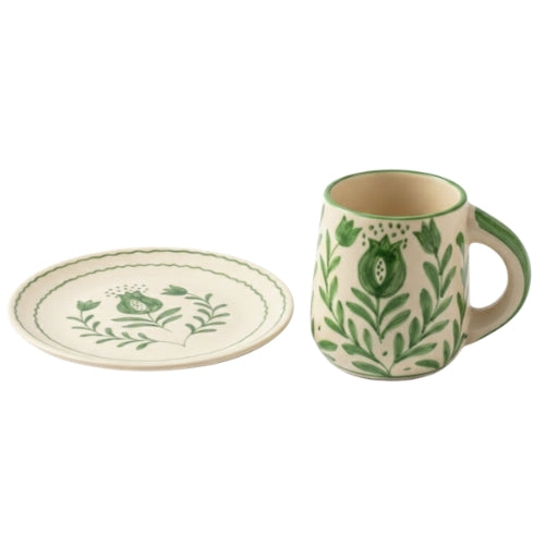 Green Anaar Ceramic Breakfast Set - Coffee Cup & Side Plate (Set of 2)