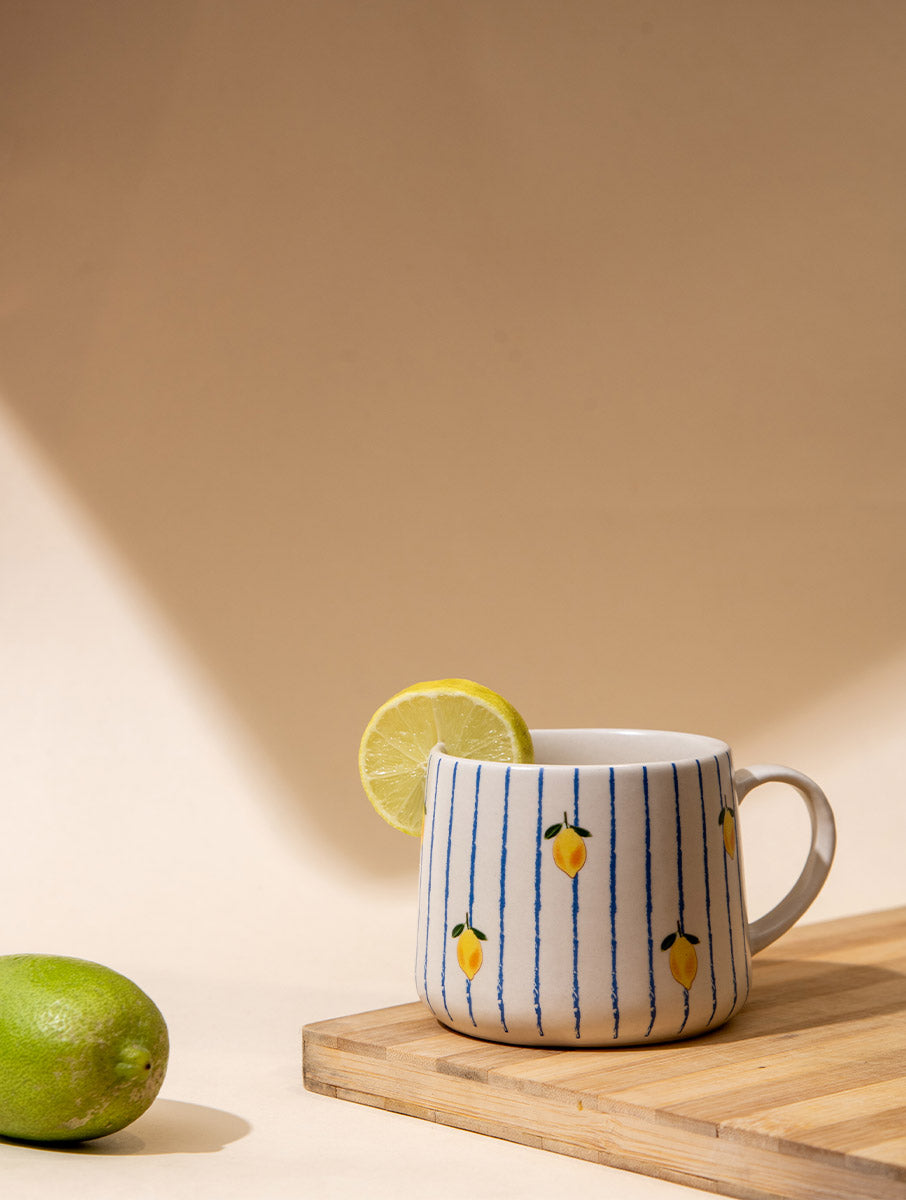 Lemon Striped Ceramic Mug - 3.5 x 3 Inches , Set of 4