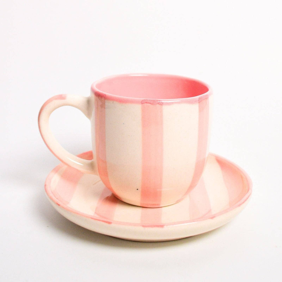 Pink Stripe Ceramic Cup & Coaster Set | 3 Inch Cup & 4 Inch - Casa Amarosa