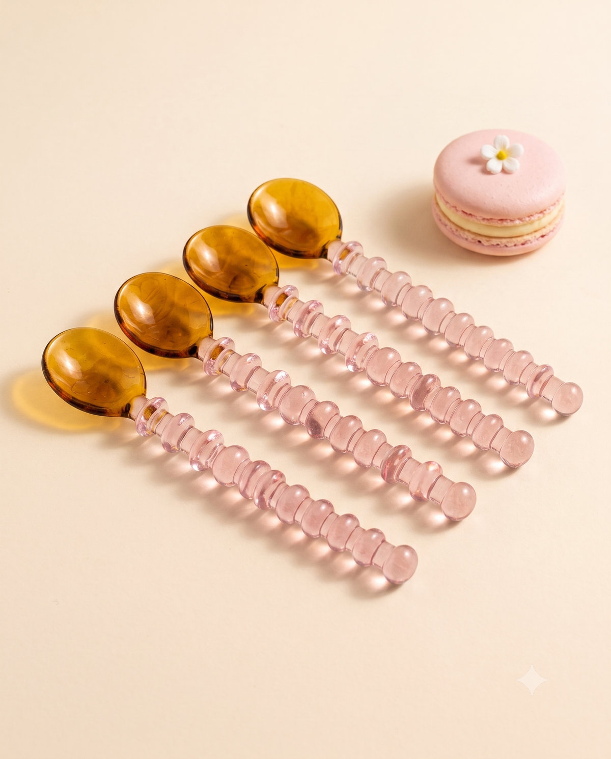Amber & Pink Beaded Glass Spoon | Borosilicate Glass  | Set of 4