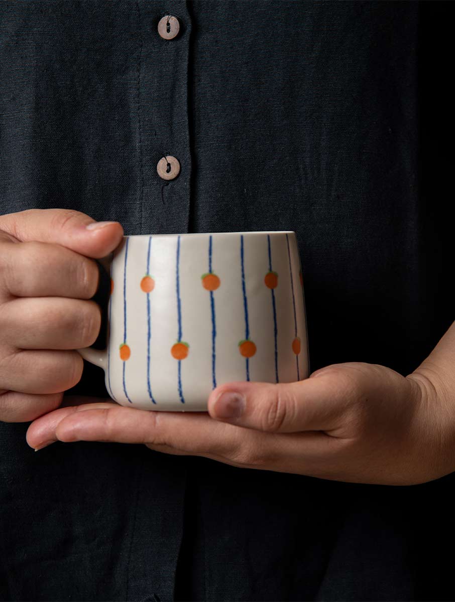 Orange Striped Ceramic Mug - 3.5 x 3 Inches , Set of 4
