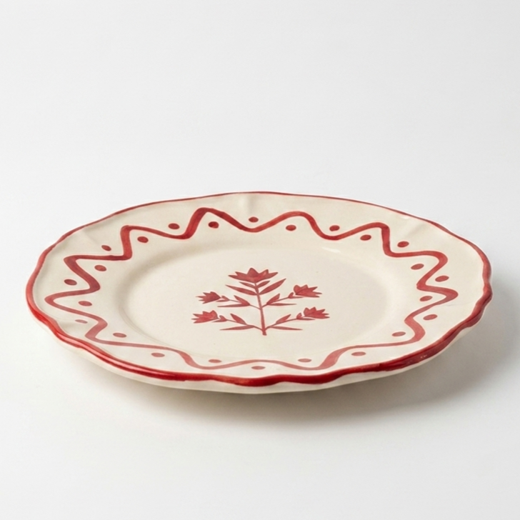 Scalloped Red Floral Snack Plate | Hand-crafted Ceramic | Set Of 2