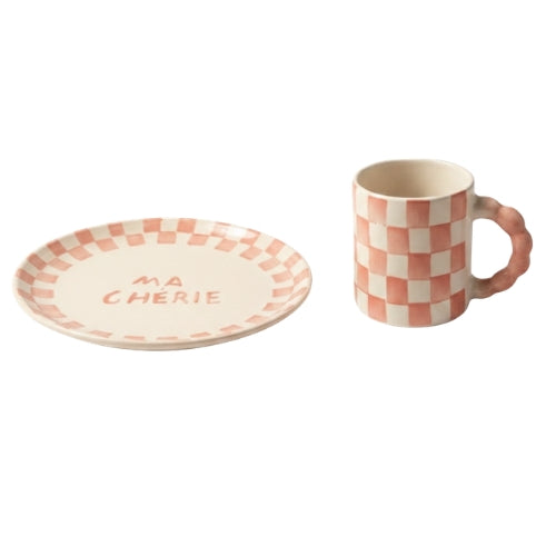Pink Checkered Ceramic Breakfast Set - Coffee Cup & Side Plate (Set of 2)
