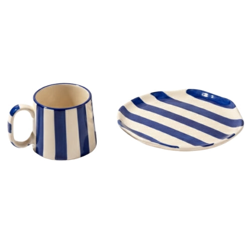 Classic Blue Stripe Coffee Mug with Snack Plate (Set of 2)
