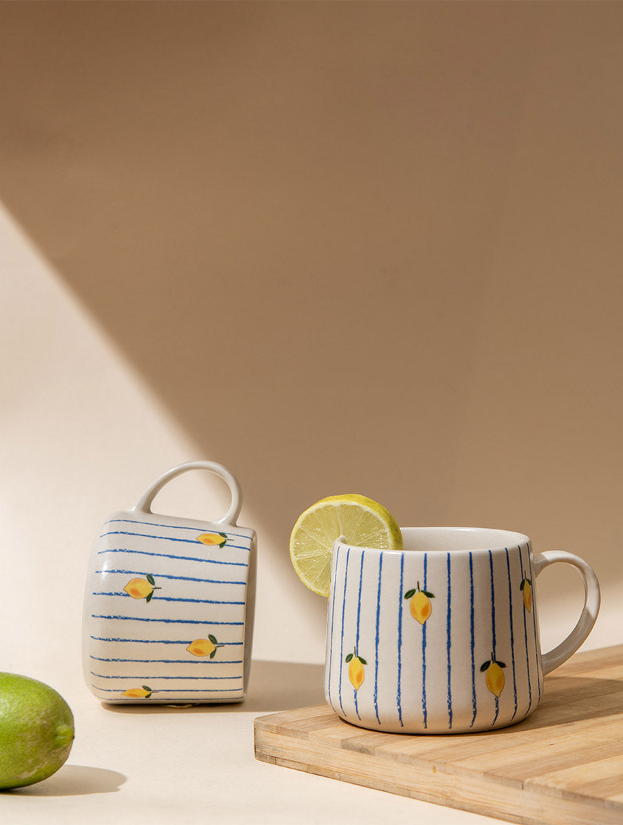 Lemon Striped Ceramic Mug - 3.5 x 3 Inches , Set of 4
