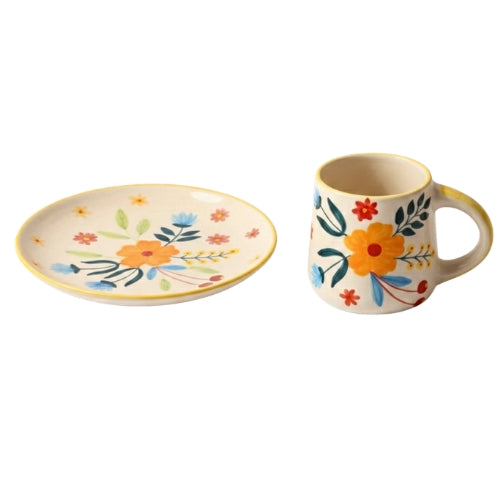 Floral Extravaganza Hand-Painted Mug & Plate Set - Set of 2
