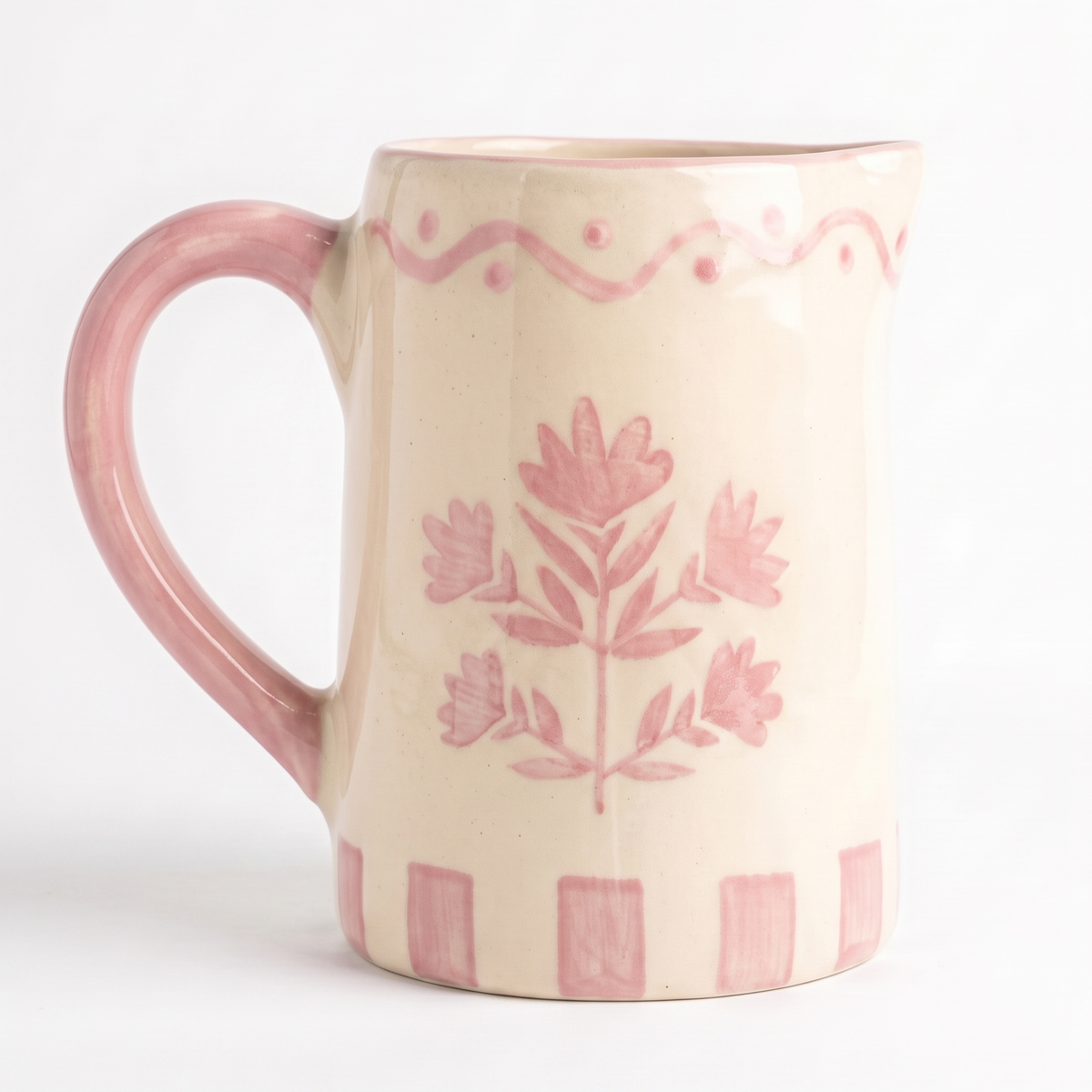 Pink Floral Striped Pitcher | Hand-painted Ceramic | 6 Inch - Casa Amarosa