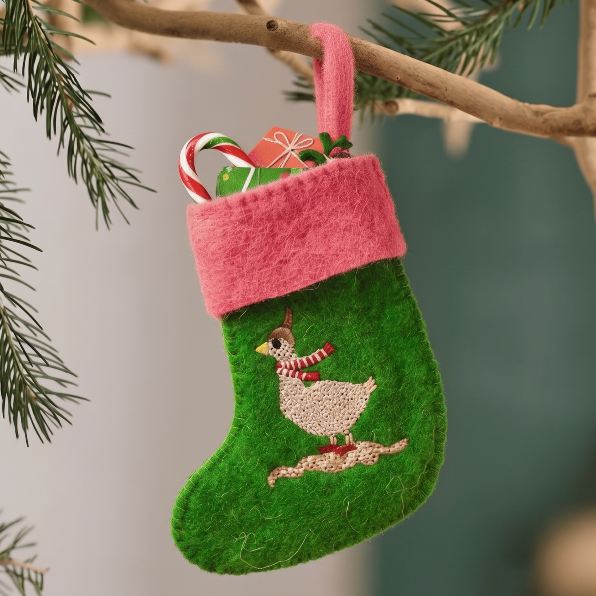 Silly Goose Felt Stocking | Embroidered Felt | 20cm | Set Of 2