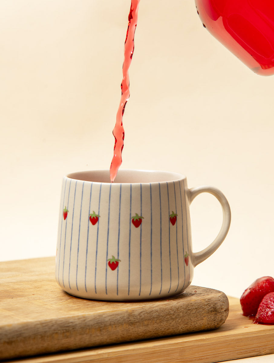 Strawberry Striped Ceramic Mug - 3.5 x 3 Inches, Set of 4