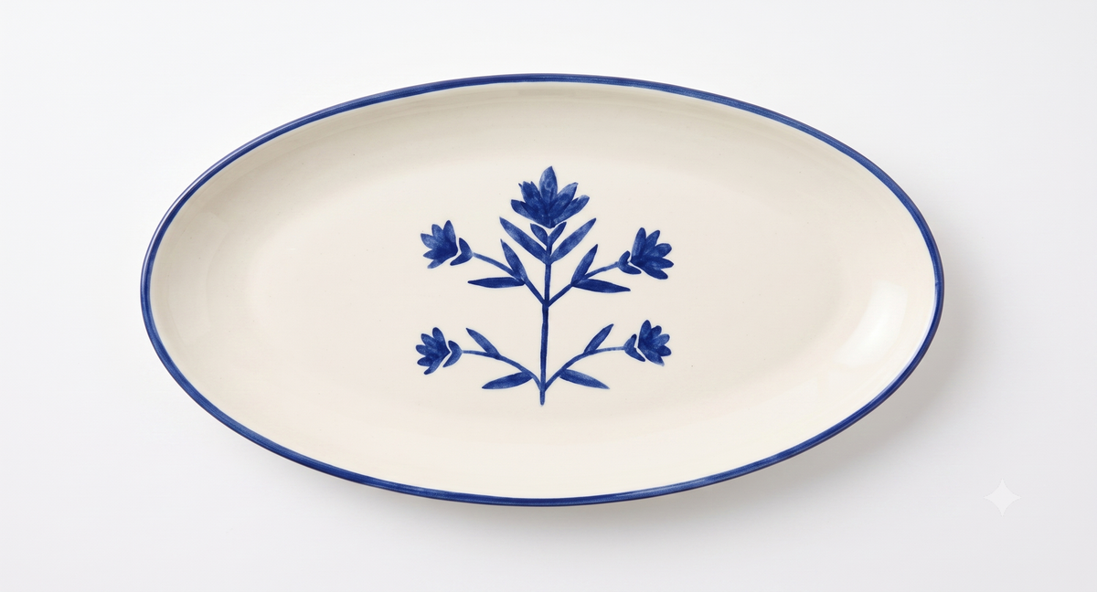 Floral Blue Oval Platter | Hand-crafted Ceramic | 14x7 | Set Of 2