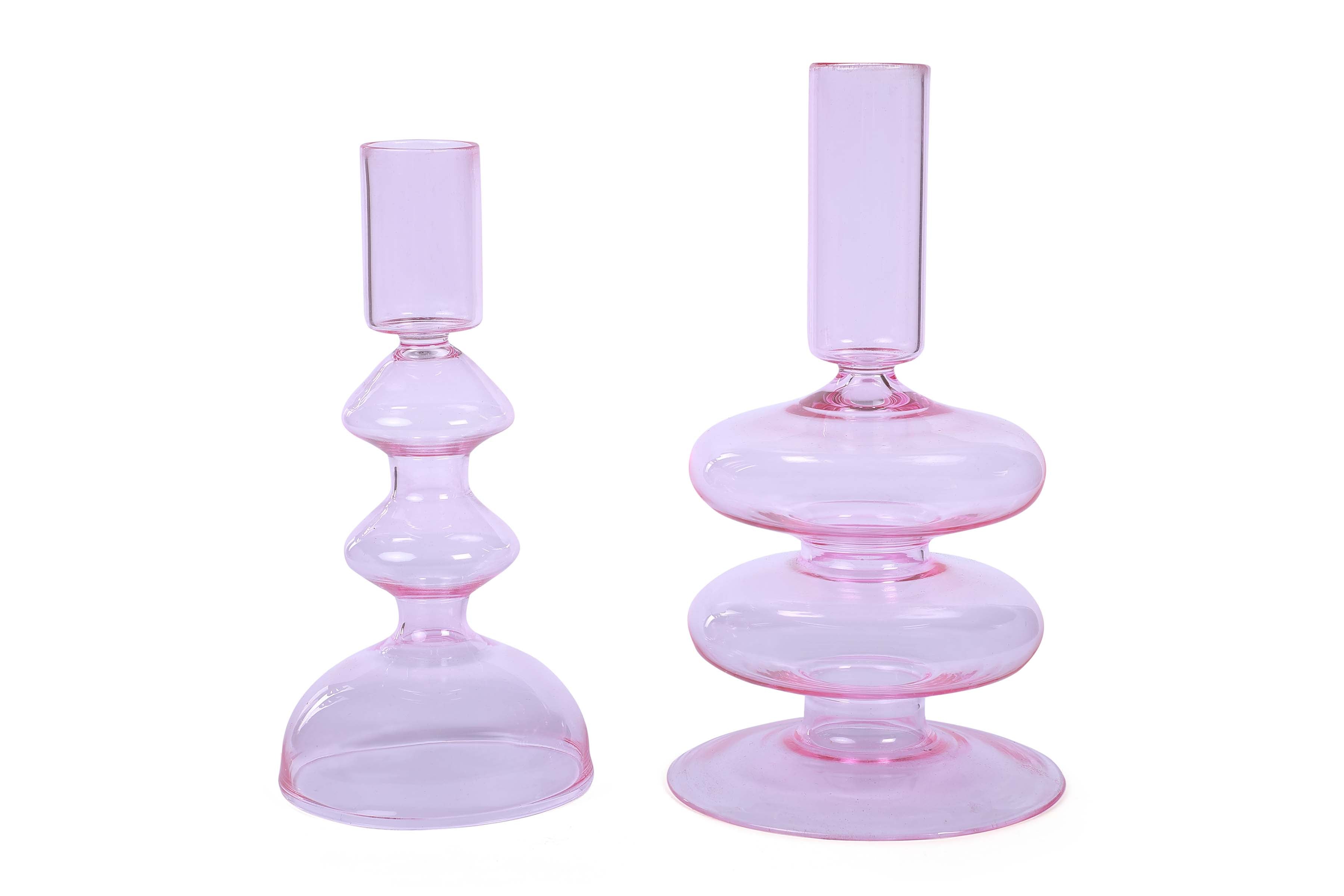 Retro Wavy Glass Candle Holder- 7 x3.5 Inches_Pink (Set of 2)