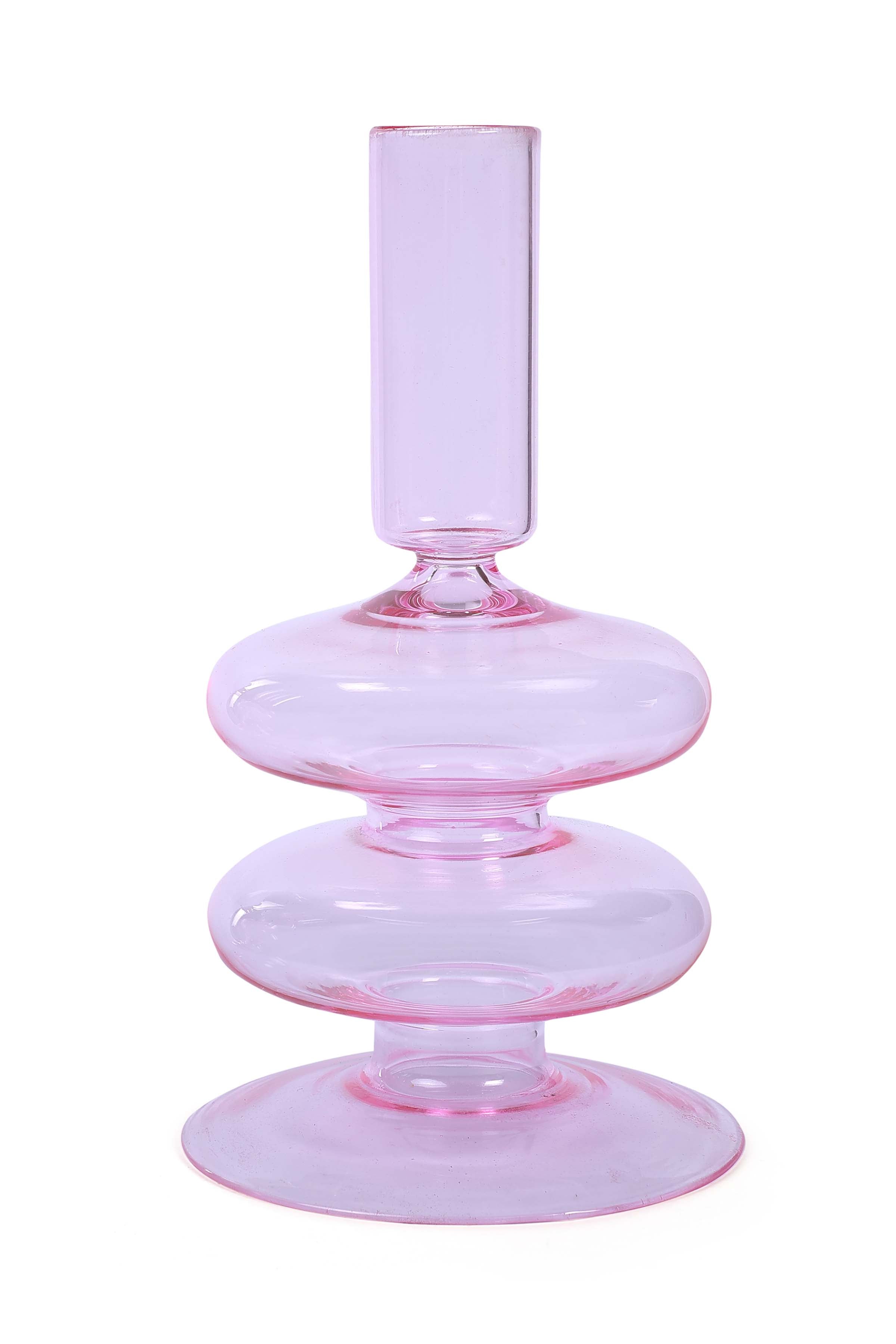 Retro Wavy Glass Candle Holder- 7 x3.5 Inches_Pink (Set of 4)