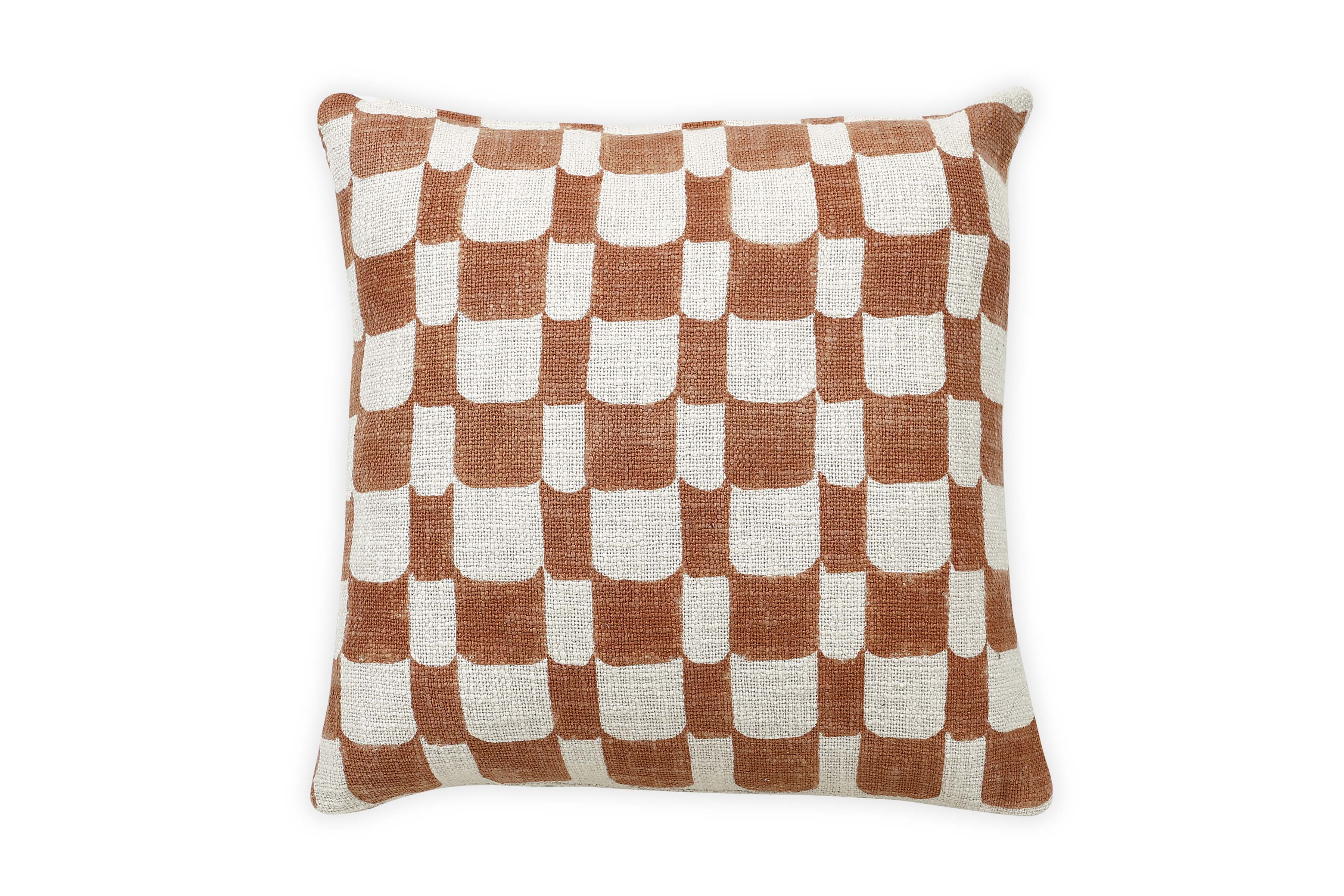 Aaakar Checkered BlockPrinted Throw Pillow Rust 18x18 inches