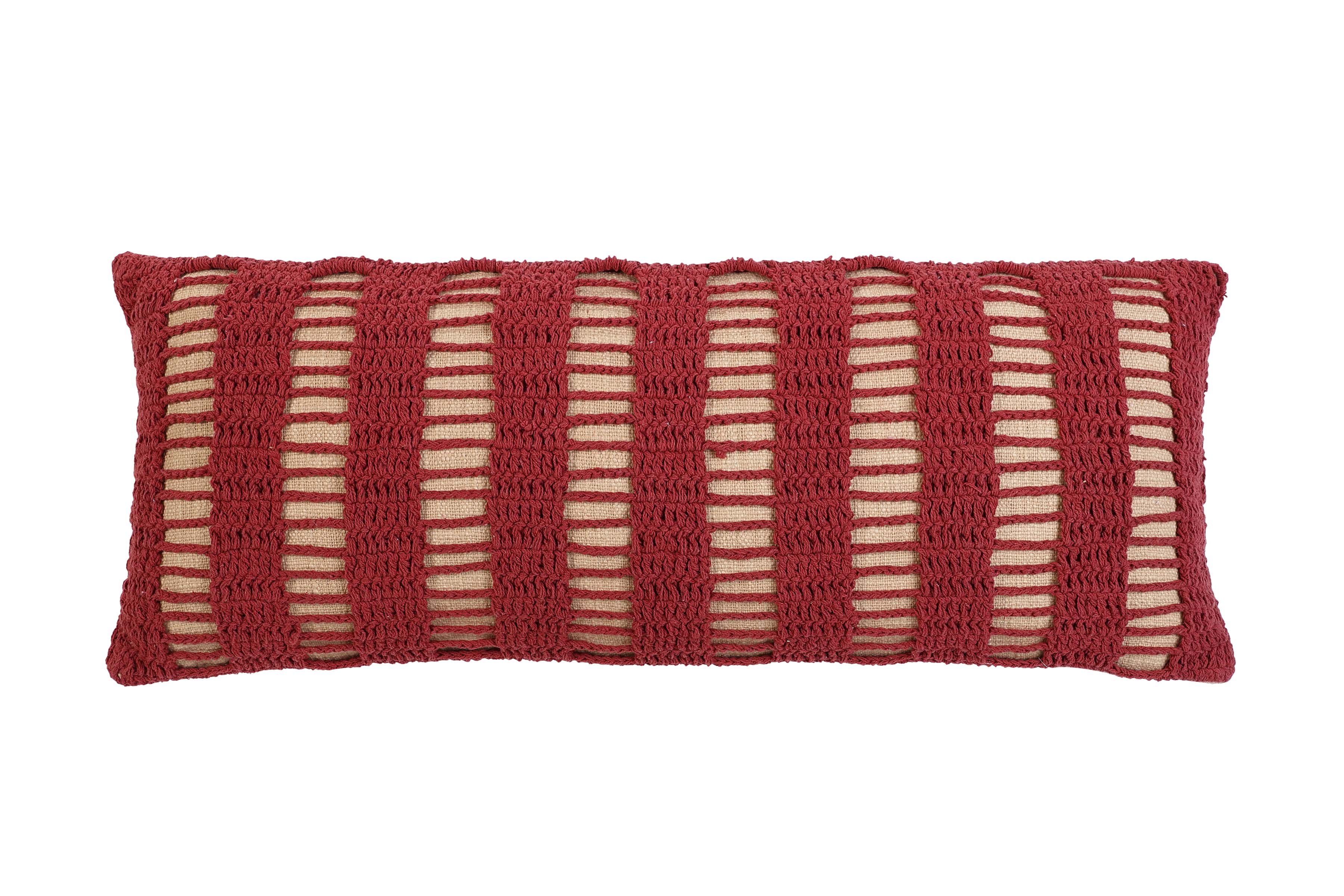 Tarika Lines Lumbar Crochet Pillow, Wine Red- 12 x 30 Inch