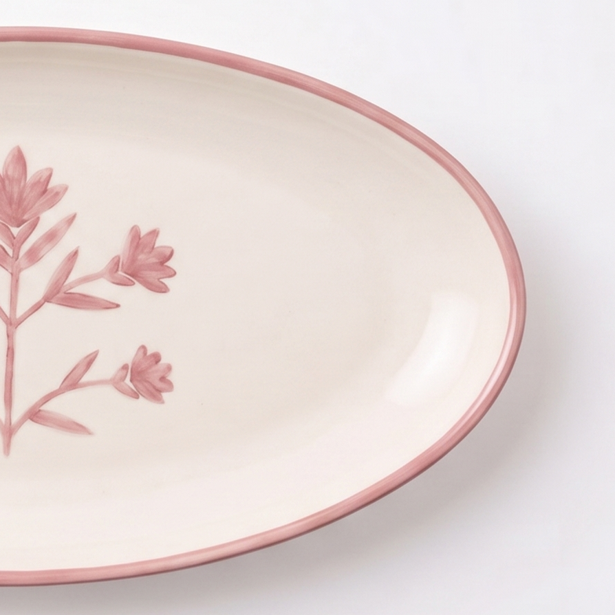 Floral Pink Oval Platter | Hand-crafted Ceramic | 14x7 | Set Of 2