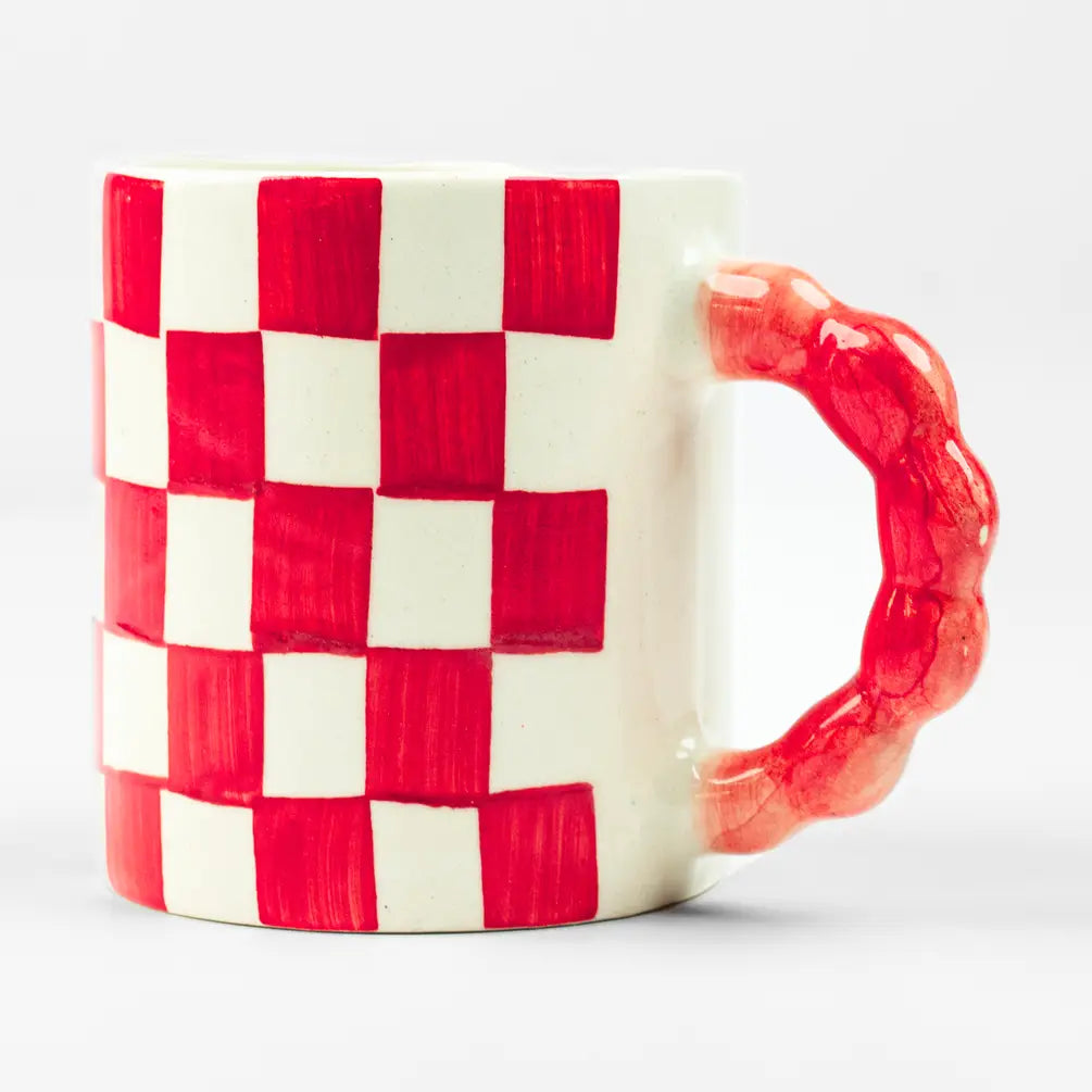 Red Checkered Ceramic Breakfast Set - Coffee Cup & Side Plate (Set of 2)