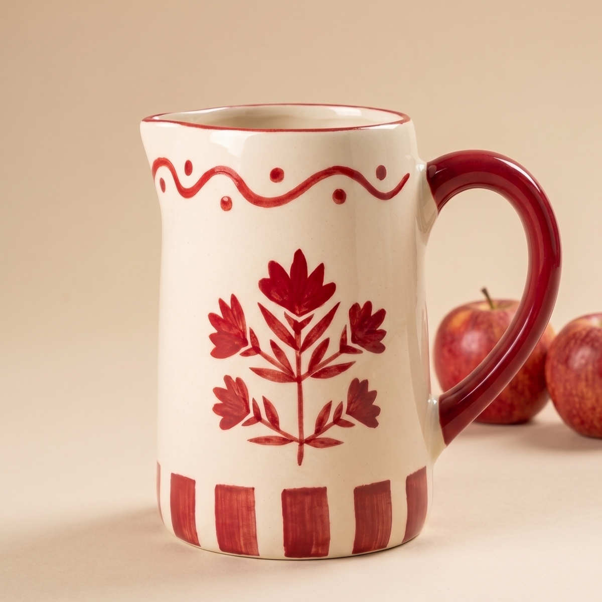 Red Floral Striped Pitcher | Hand-painted Ceramic | 6 Inch