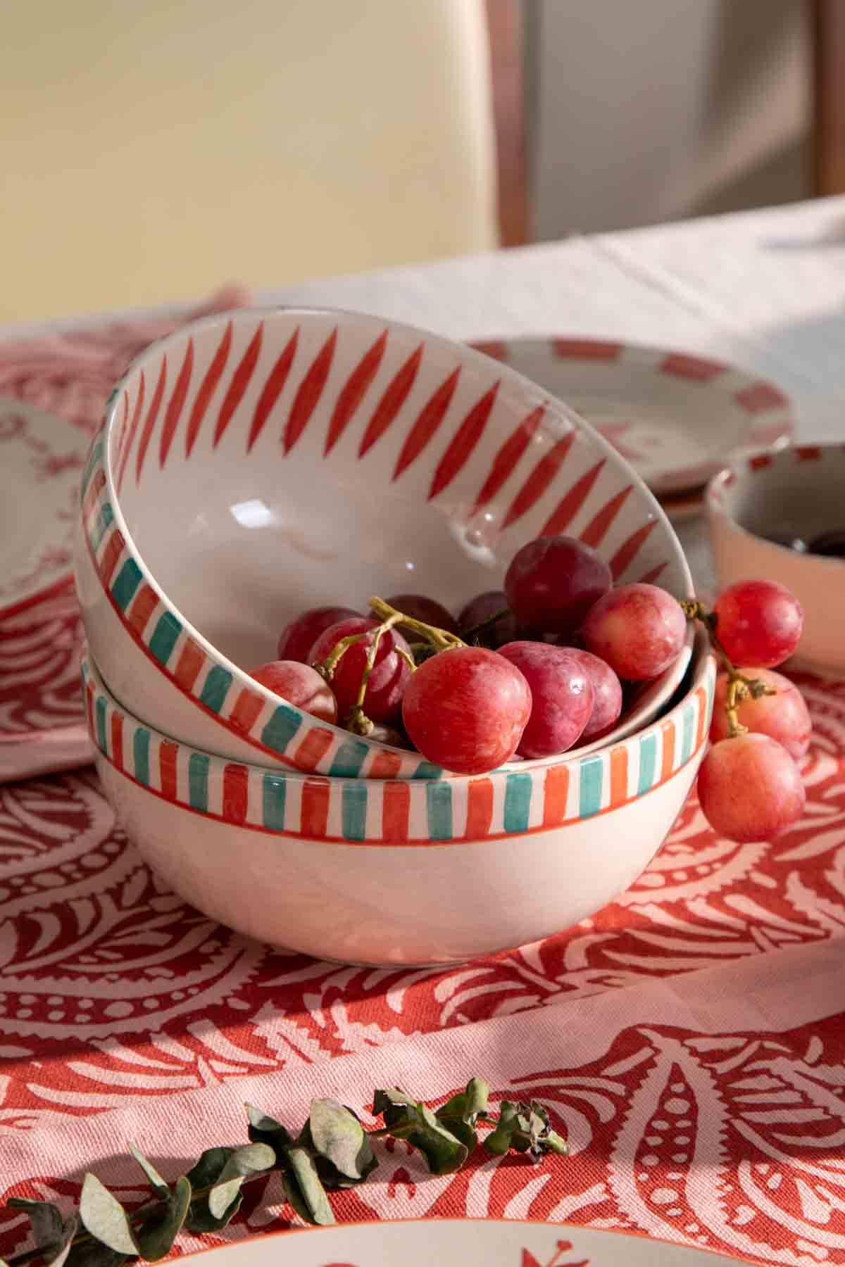 Toddy Palm Round Bowl | Hand-Painted Stoneware | Set Of 2