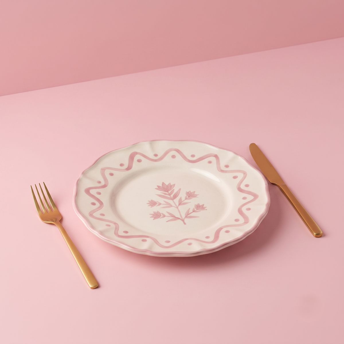 Scalloped Pink Floral Snack plates | Hand-crafted Ceramic | Set Of 2