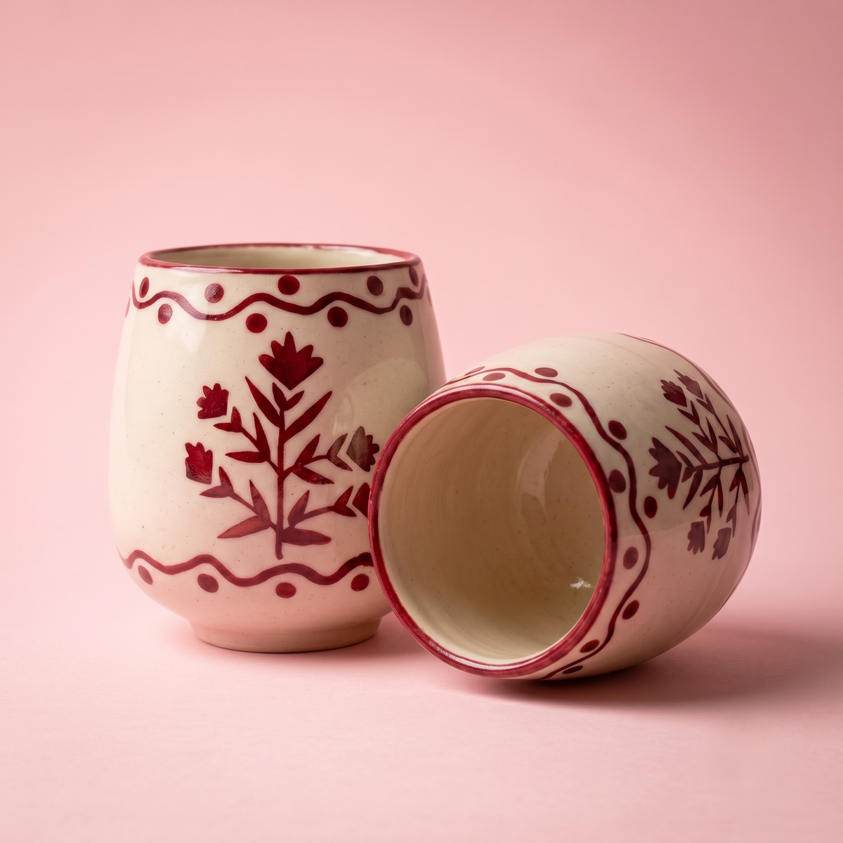 Red Drinking Cup  | Hand-Painted Ceramic | 3 Inch | Set Of 2