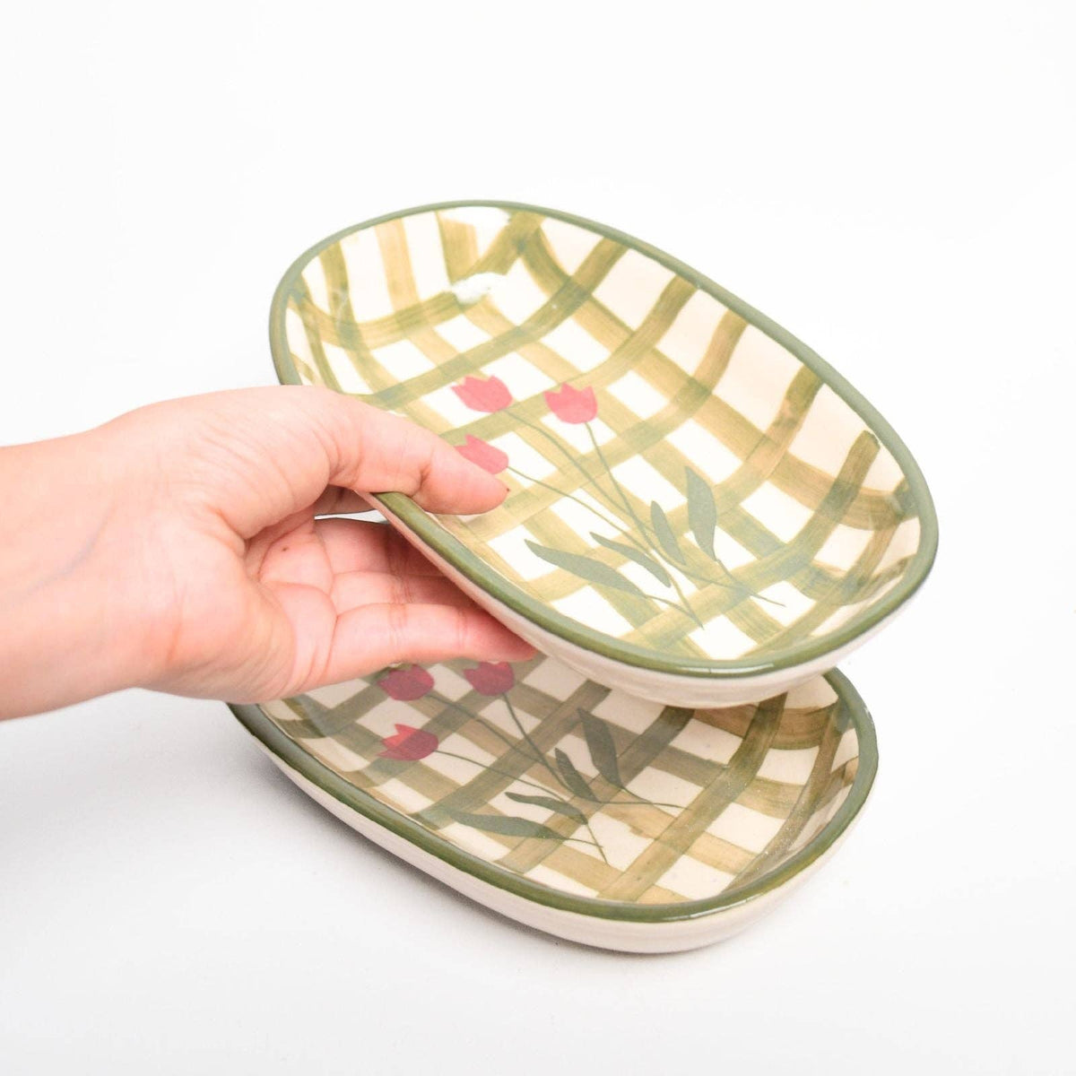 Green Checked Oval Bowl | Hand-Painted Ceramic | 8 Inch