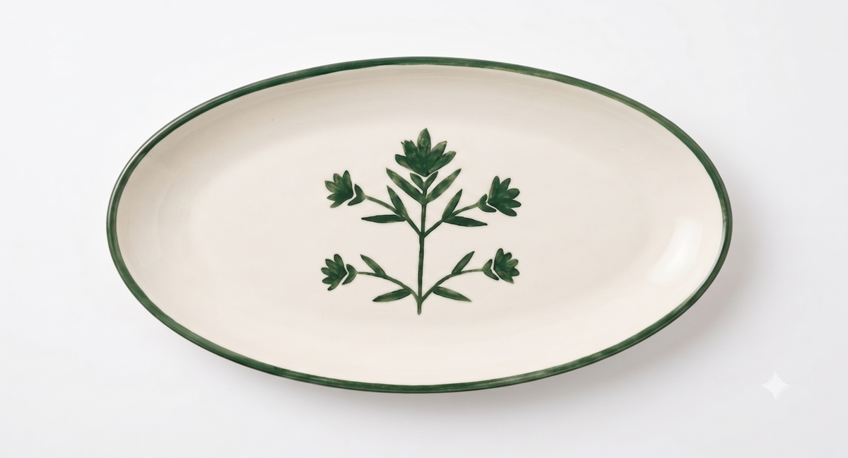 Floral Olive Oval Platter | Hand-crafted Ceramic | 14x7 | Set Of 2